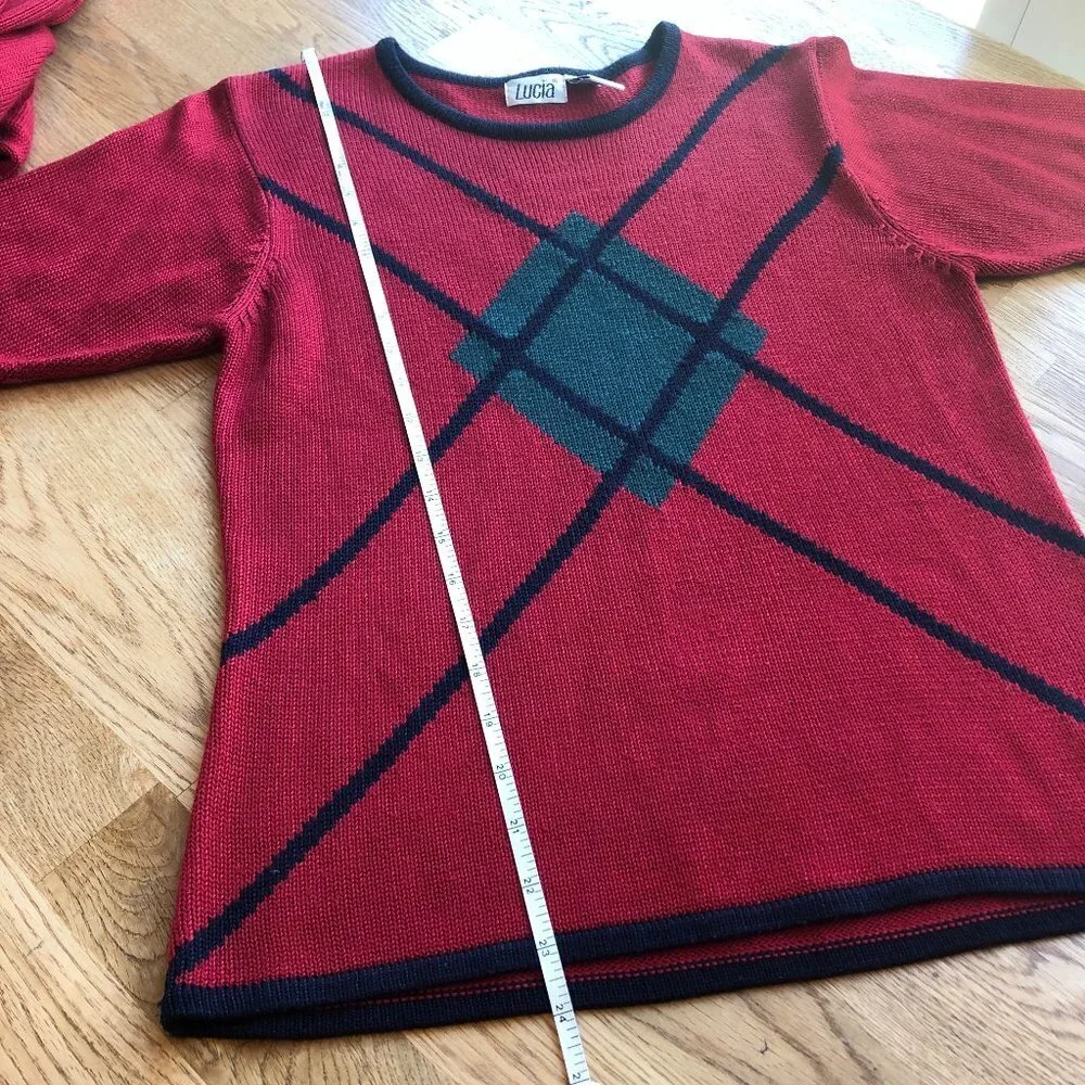 Vintage Lucia Red Argyle 2 Piece Set Top Full Zip Cardigan Medium